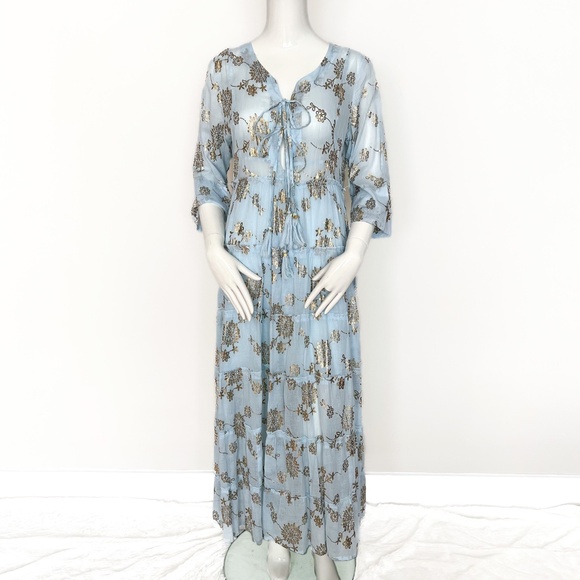NWT | Sunny Studio French Designer Cotton Tiered Maxi Summer Dress Sky Blue Gold - Picture 3 of 14